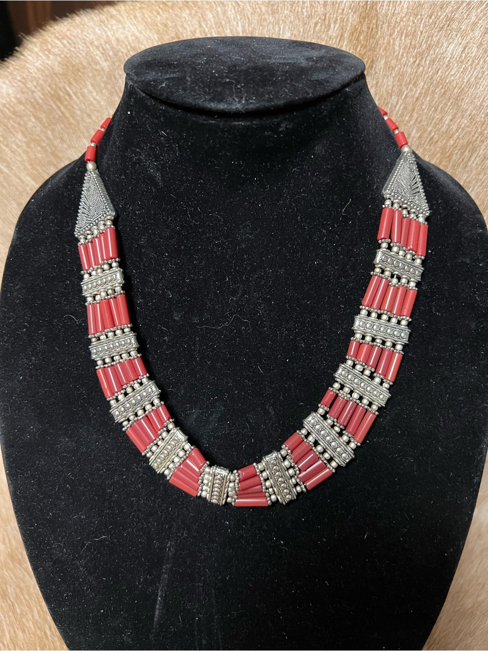 Handcrafted Red  coral Bead and Silver-Tone Tribal Necklace